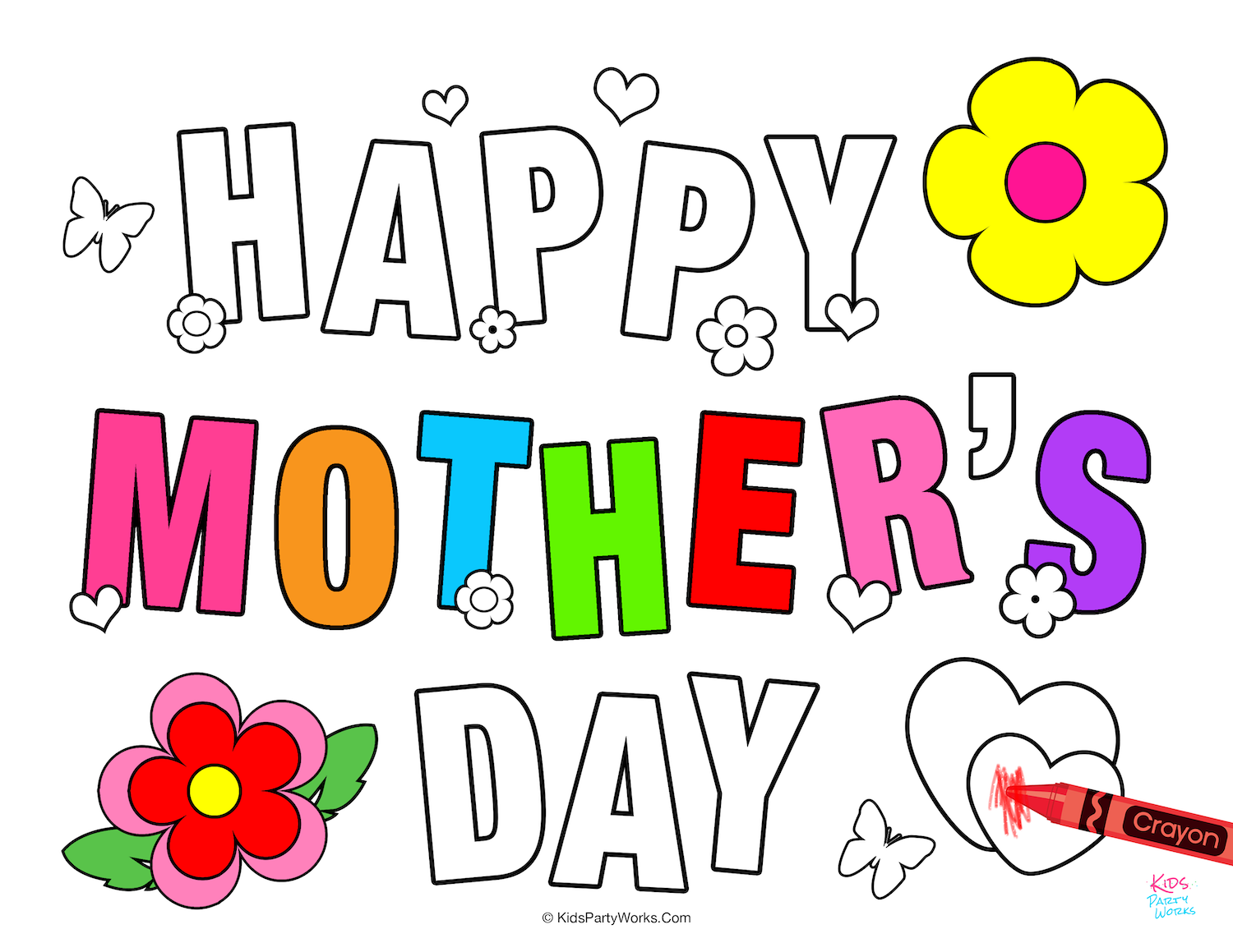 Free Happy Mother's Day Coloring Page. Little ones will love to color and give to their moms on Mother's Day. What a wonderful gift! KidsPartyWorks.Com