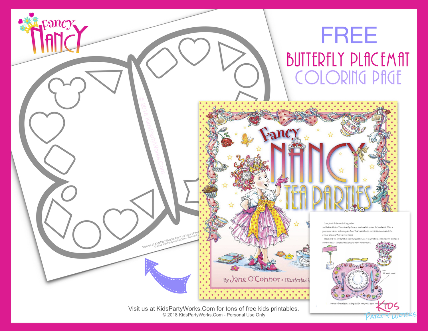 Kids will have fun coloring this Free printable Fancy Nancy Tea Parties butterfly placemat just like in the book.