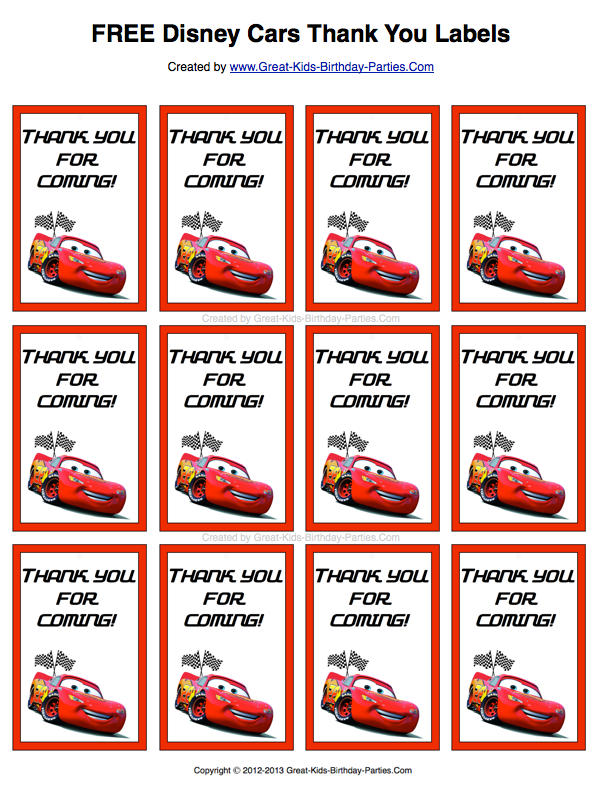 Free Disney Cars Thank You Labels