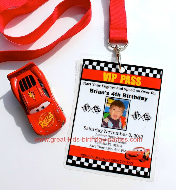 Disney Cars VIP Pass Invitations - You can make this invitation for free then laminate and add a lanyard for a great VIP Pass invitation.