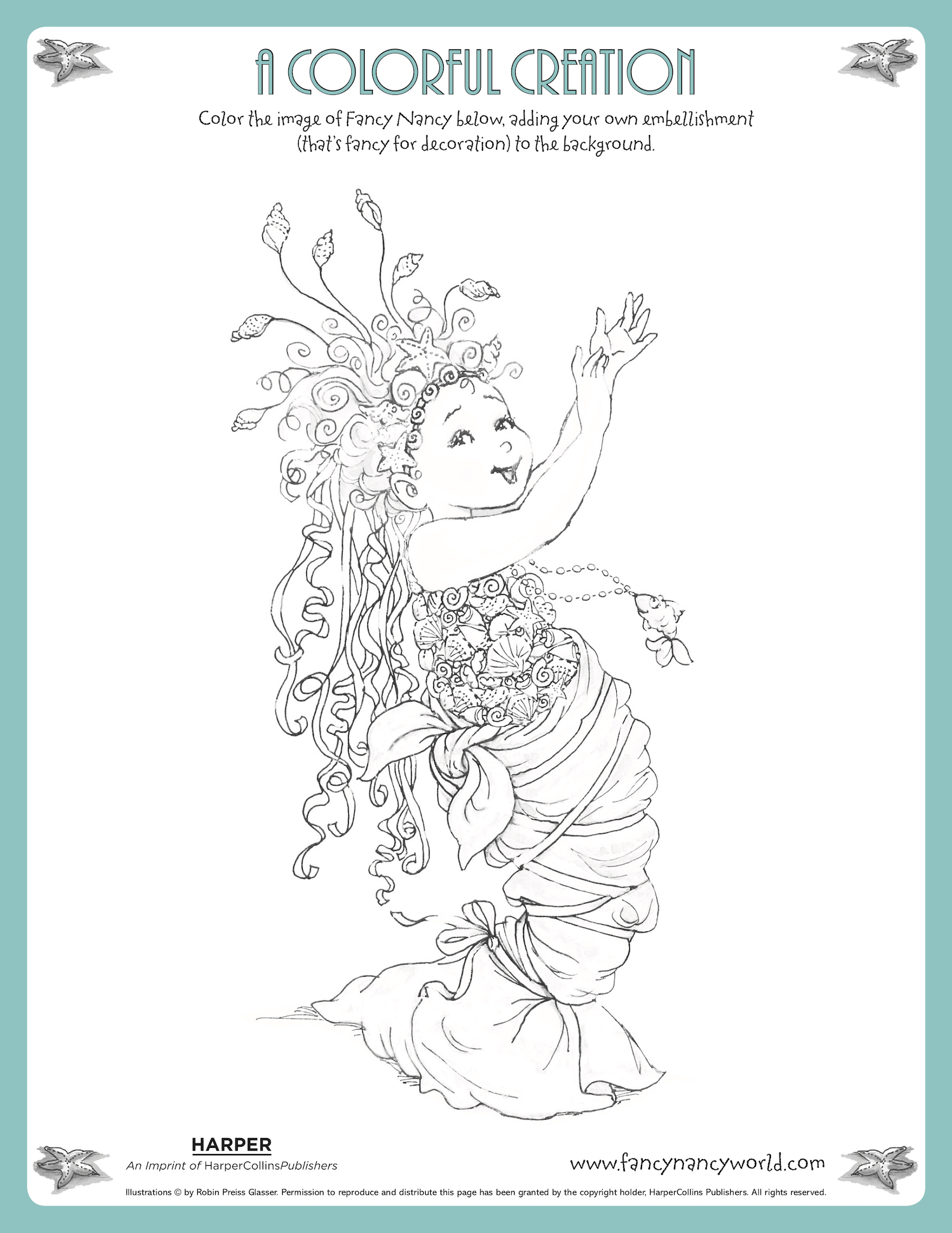 Free Fancy Nancy mermaid ballet coloring page for kids to color from the new Disney Jr. show.