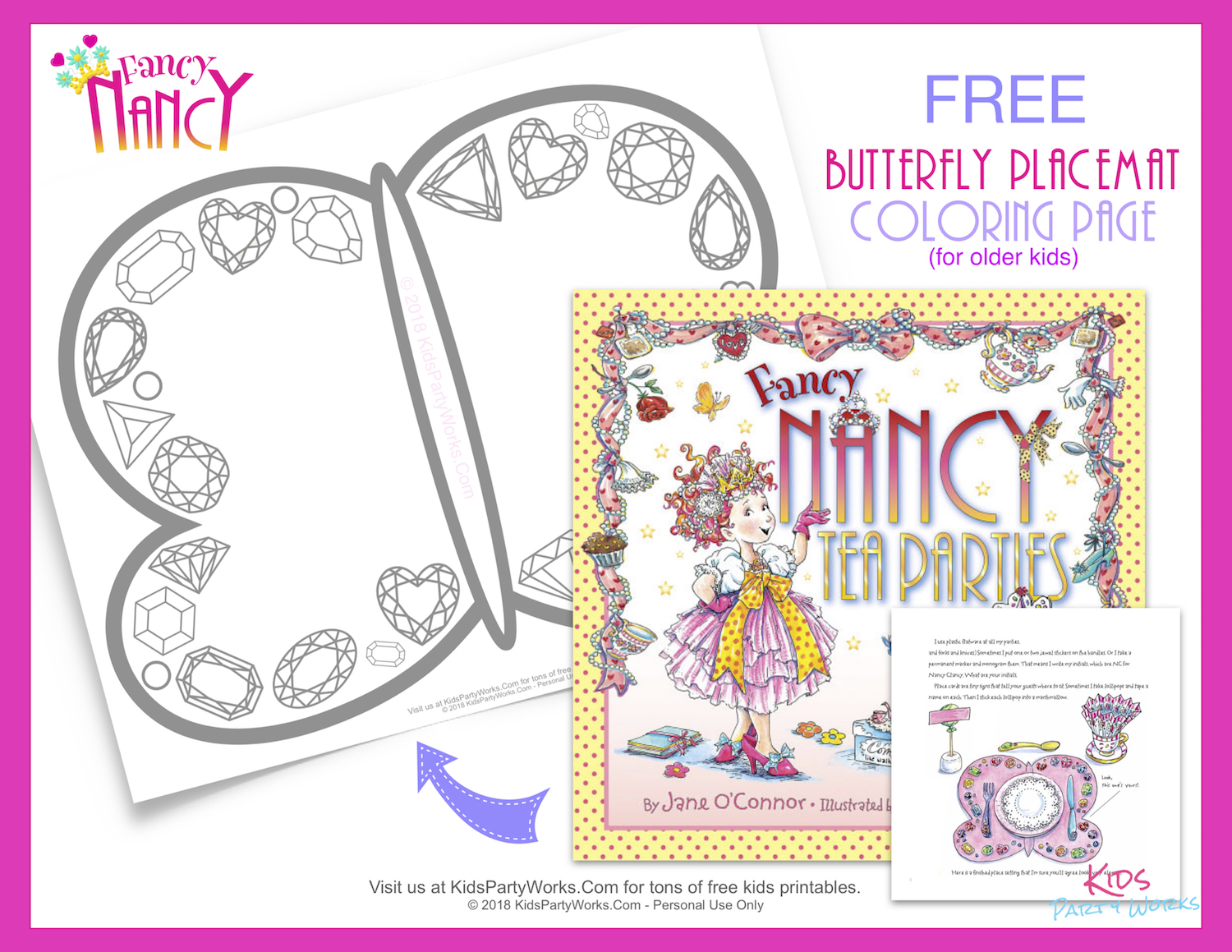 Kids will have fun coloring this Free printable Fancy Nancy Tea Parties butterfly placemat with beautiful gems, just like in the book.