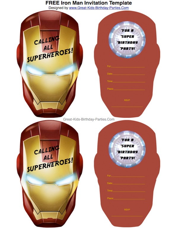FREE IRON MAN Invitations–Begin your Superhero party with these cool Iron Man mask invitations. Or make your own IRON MAN Comic Strip Invitations, VIP Pass Ticket Invitations and lots more.