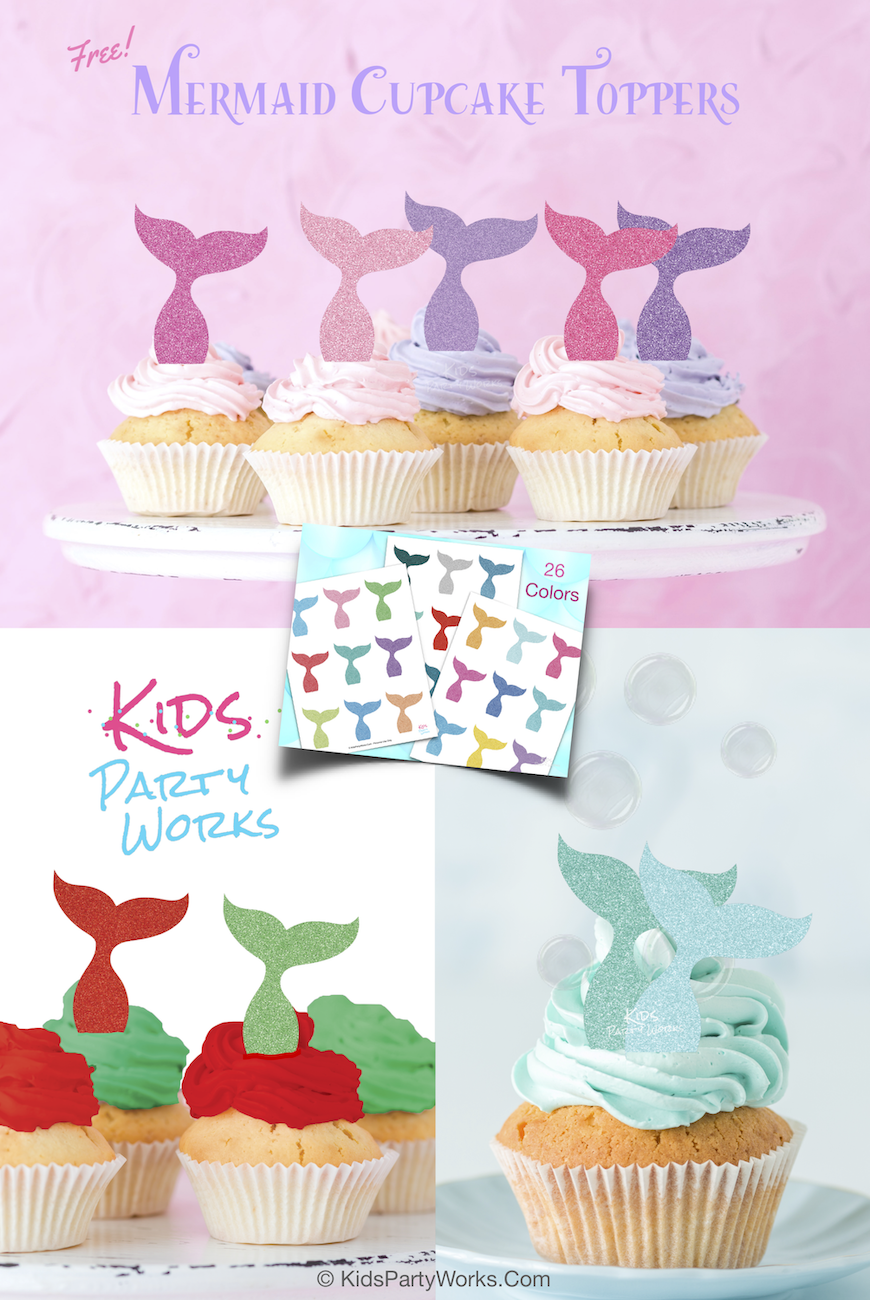 Free Mermaid Cupcake Toppers from KidsPartyWorks.Com. Perfect for a Little Mermaid Party. Comes in 26 glitter mermaid tail colors, free printable.