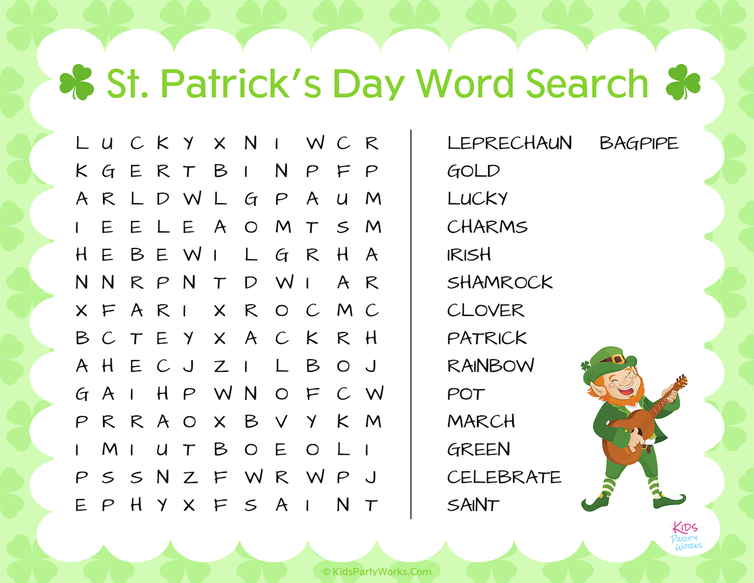 Free St. Patrick's Day Word Search. KidsPartyWorks.Com