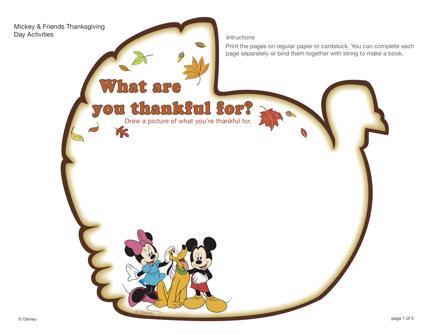 Mickey Thanksgiving Activity, Mickey thankful for, Mickey turkey, Thanksgiving coloring pages