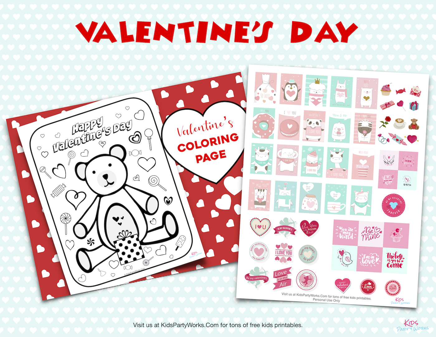 Valentines Planner Stickers and Coloring Page for kids. KidsPartyWorks.Com