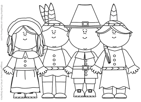 Thanksgiving pilgrims and native Americans coloring page
