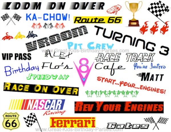 CAR FONTS - Over 90 Car Fonts and graphics and they're ALL FREE.  Great for Disney Cars party or racing party.  Make invitations, party labels, stickers, name tags, water bottle labels and lots more!
