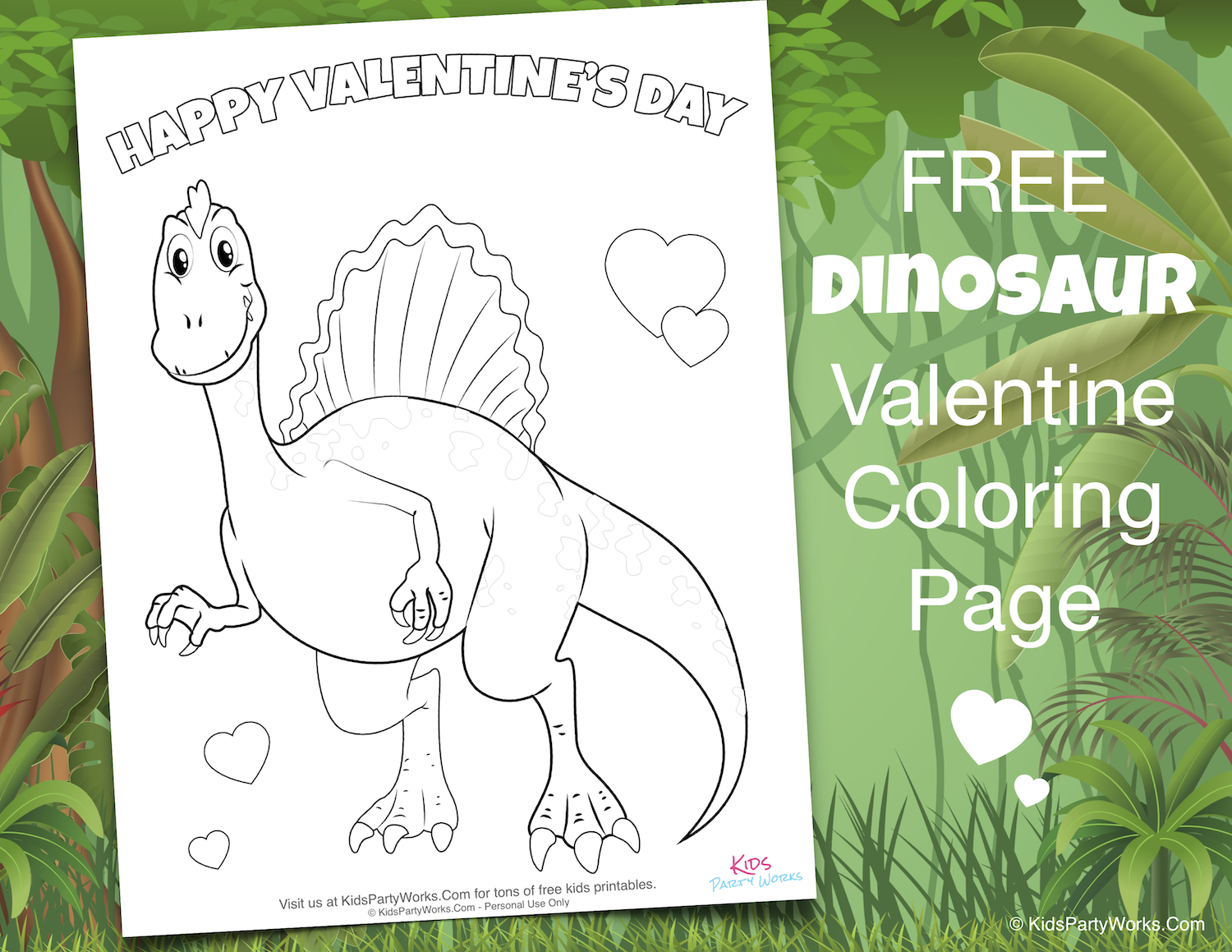 Free Valentine Dinosaur Coloring Page. Visit KidsPartyWorks.Com for tons of free kids printables.