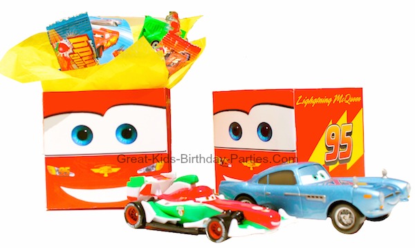 Disney Cars Favor Boxes - FREE printable Lightning McQueen party favor box, perfect for goodies like toy race cars, treats and stickers.  Free Template at Great-Kids-Birthday-Parties.Com
