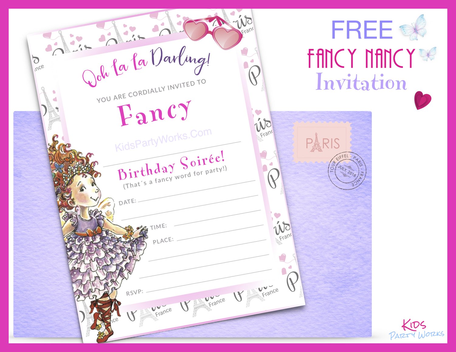 Free printable Fancy Nancy Birthday Invitation Template for Fancy Nancy Party.