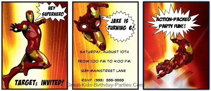 FREE IRON MAN Invitations–Begin your Superhero party with these cool and creative personalized invitations. Make your own IRON MAN Comic Strip Invitations, VIP Pass Ticket Invitations and lots more.
