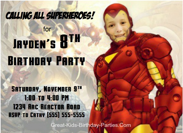 FREE IRON MAN Invitations–Begin your Superhero party with these cool Iron Man character invitations. Or make your own IRON MAN Comic Strip Invitations, VIP Pass Ticket Invitations and lots more.