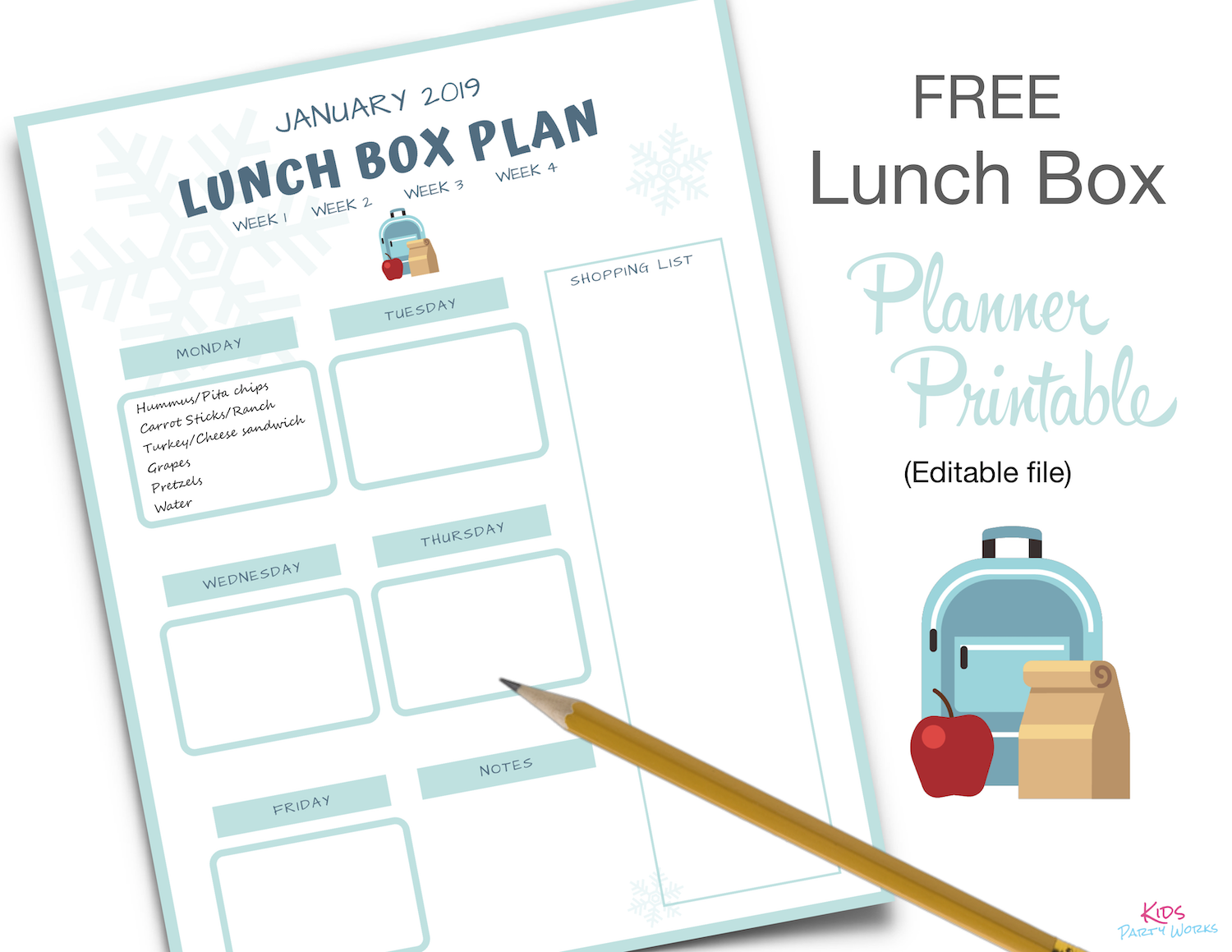 Free Lunch Box Planner. KidsPartyWorks.Com