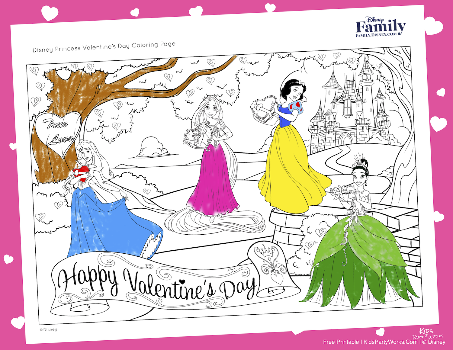 Disney Princess Valentines Coloring Page. Visit KidsPartyWorks.Com for lots of kids free printables.