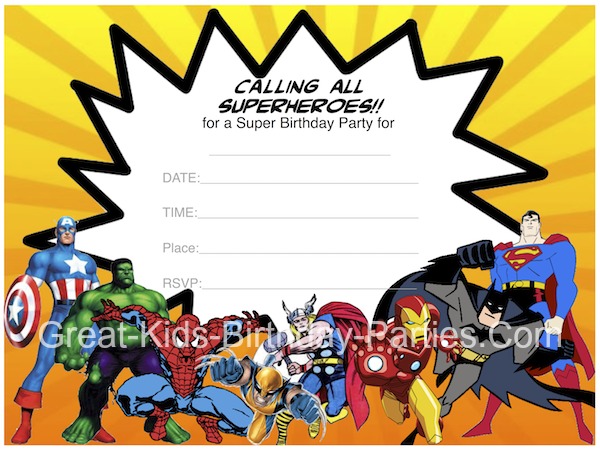 Free Superhero Invitations  - Superhero Printables including invitations, superhero bubbles, coloring pages and lots more!