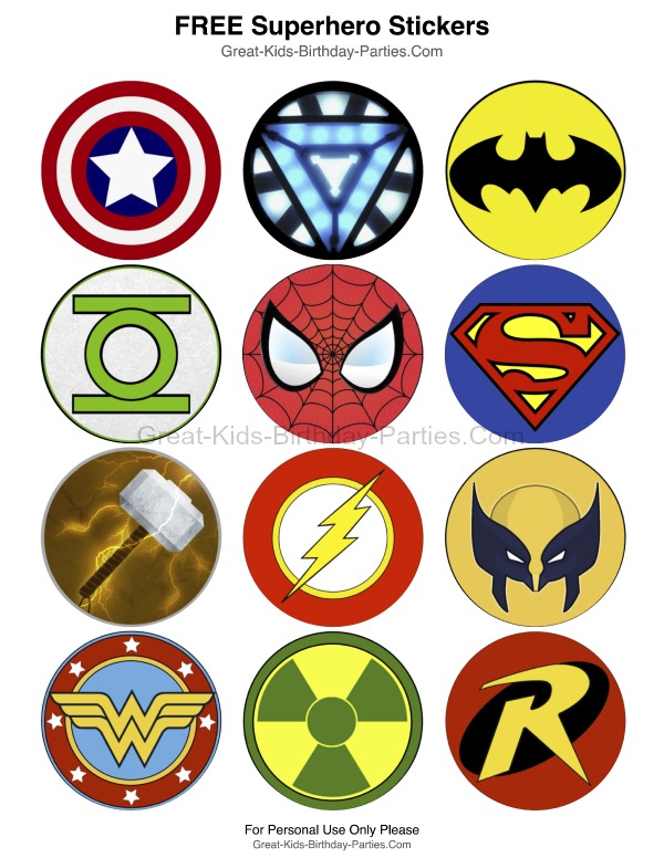 Superhero-Printables - Free Superhero stickers, each measures 2.5 inches (6.4 cm).  Lots of fun uses including stickers, cupcake toppers, party favors, prizes and more.