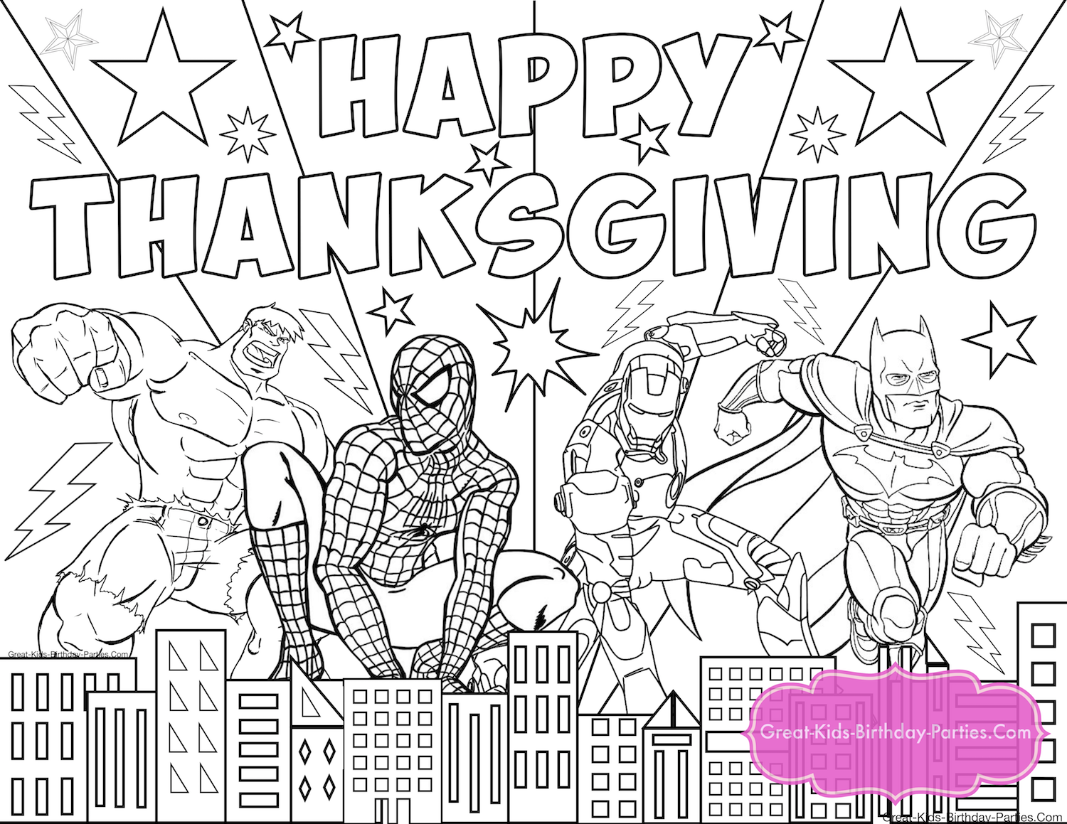 Superhero Thanksgiving coloring pages for kids