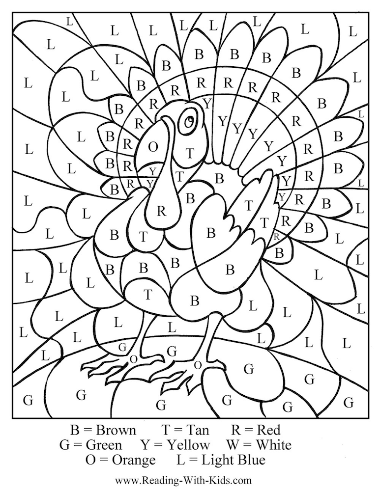 Thanksgiving turkey color-by-number coloring page