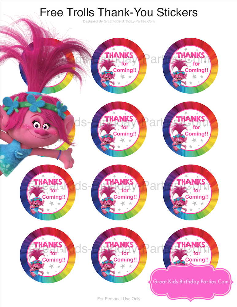 Party Favor decal Set Personalized Troll World tour Birthday Party Stickers 